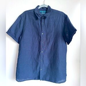 Perry‎ Ellis Men’s Large Button Down Cotton Linen Shirt Navy Blue Breathable